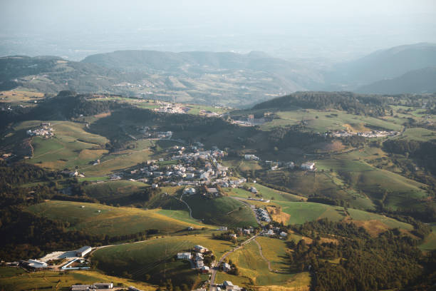 Lessinia National Park, near Verona and Lake Garda. Landskape from the Corno D'Aquilio viewpoint. Val d'Agide, hills, roads and villages.