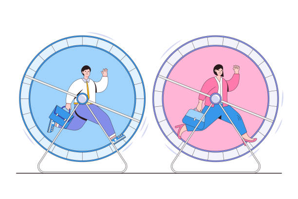 Business cycle, infinity routine job, desperate situation, never ending career path loop, dead end concepts. Frustrated businessman and businesswoman running inside hamster wheel and lost direction Business cycle, infinity routine job, desperate situation, never ending career path loop, dead end concepts. Frustrated businessman and businesswoman running inside hamster wheel and lost direction. never the same stock illustrations