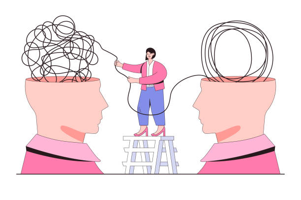 istock Mental health illness or problems, disorder, anxiety, confusion mind or stress, psychology therapy session, brain development concepts. Woman turn tangle of messy thoughts into arrange on human head 1420986677