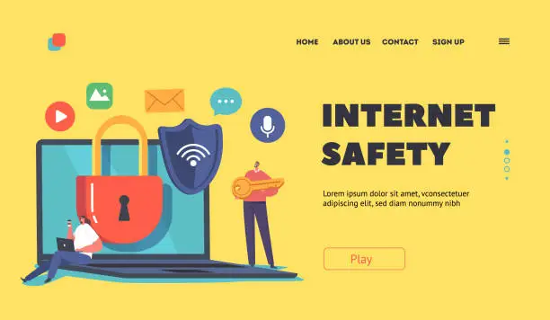 Vector illustration of Internet Safety Landing Page Template.Computer and Account Protection Concept. Characters Work on Computer