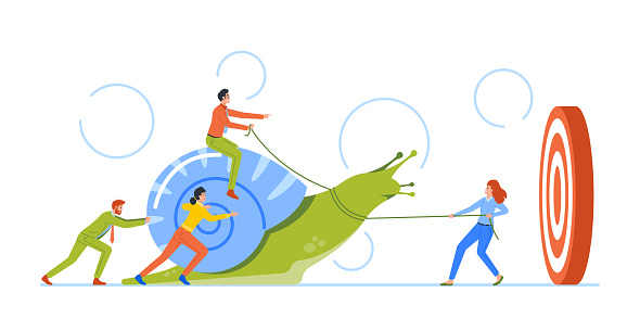 Slow Business Progress, Laziness Or Procrastination, Unproductive Work Efficiency Concept. Business Characters Riding and Pulling Snail Trying To Reach Target. Cartoon People Vector Illustration