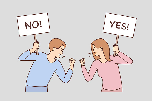 Furious protesters fight on street. Mad man and woman activists with signs or placards argue on demonstration outdoors. Vector illustration.