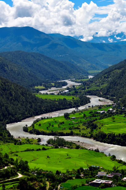istock Mo Chhu river and its bends - Himalyan river valley with rice fields, Bhutan 1420987505