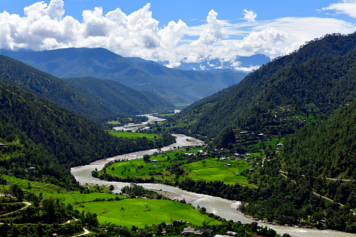 Punakha dzongkhag, Bhutan: the winding Mo Chhu river and its valley - the name means 