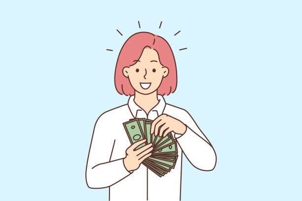 lächelnde frau mit geld in den händen - human hand beak currency stack stock-grafiken, -clipart, -cartoons und -symbole