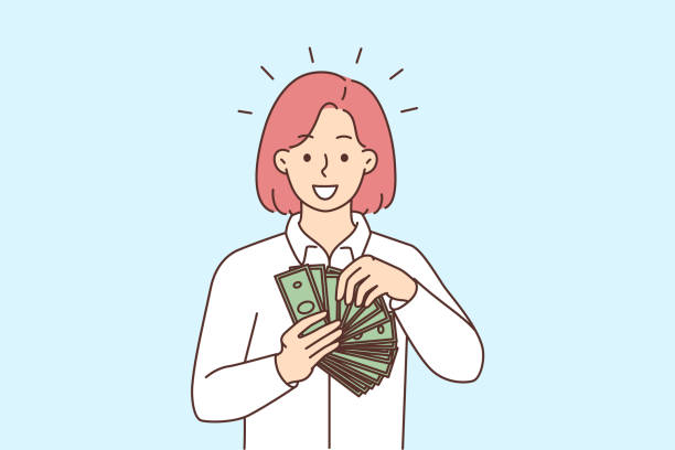 ilustraciones, imágenes clip art, dibujos animados e iconos de stock de mujer sonriente con dinero en las manos - human hand beak currency stack