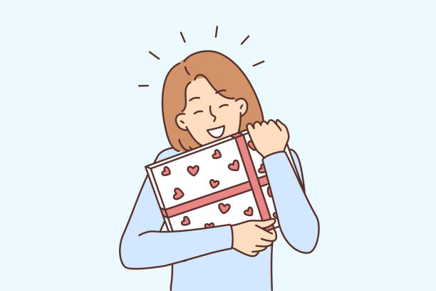 illustrations, cliparts, dessins animés et icônes de femme heureuse tenant le cadeau dans les mains - valentines day gift box happiness joy