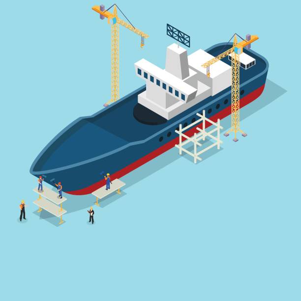 illustrations, cliparts, dessins animés et icônes de les gens au travail construisent des navires isométriques 3d - shipbuilder