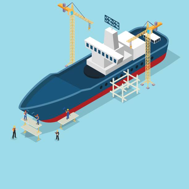 illustrazioni stock, clip art, cartoni animati e icone di tendenza di persone al lavoro che costruiscono navi isometriche 3d - shipbuilder