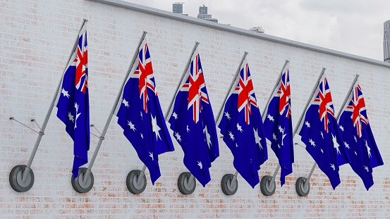 Australian Flags in a Row on White Wall. 3D Render
