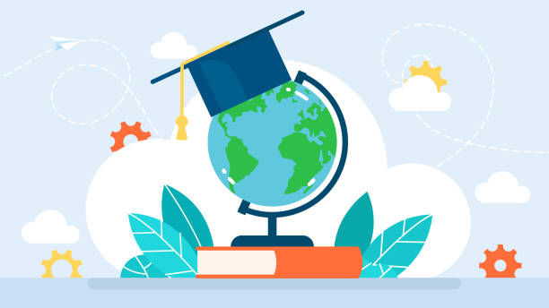 Globe with graduation cap on books. Educational tourism. Distance education. Globalization. Concept of global education, international exchange program, studying abroad. Flat vector illustration Globe with graduation cap on books. Educational tourism. Distance education. Globalization. Concept of global education, international exchange program, studying abroad. Flat vector illustration exchange student stock illustrations