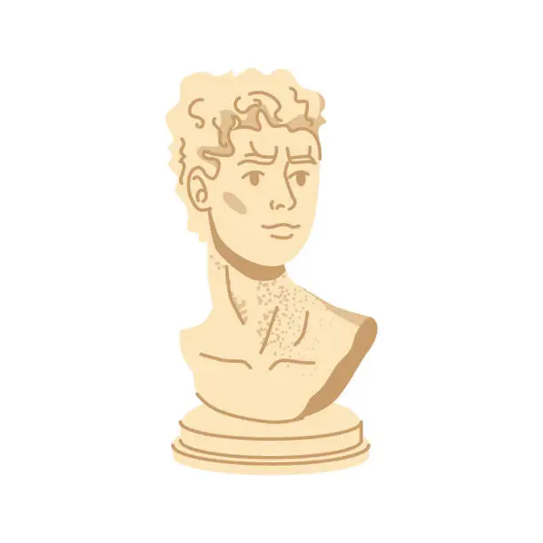 Vector illustration of Bust of young male character, isolated antique statue of man. Greek Roman ancient sculptures and artwork. Culture exhibition in museum. Vector in flat style