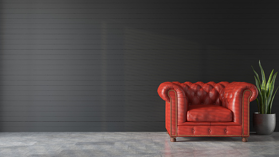 Red Retro Style Armchair with Black Wall and Copy Space. 3D Render