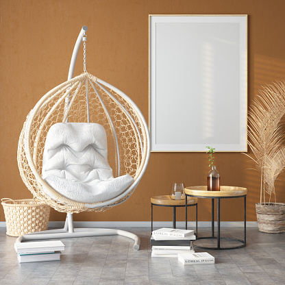 Boho Style Living Room with Hammock Books and Empty Picture Frame. 3D Render