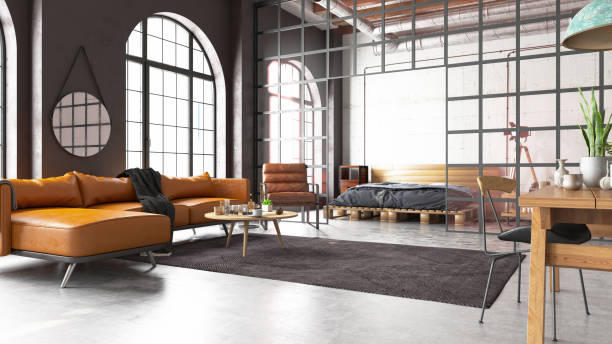 istock Industrial Style Loft Bedroom with Living Room 1420995849