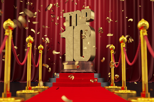 Top 10 Award Celebration with Red Carpet and Confetti. 3D Render