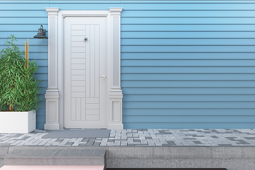 Empty Enterance Front Door with Copy Space on the Blue Wall. 3D Render