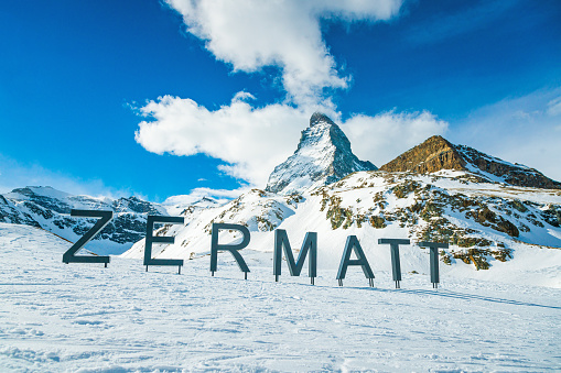 World famous mountain peak Matterhorn above Zermatt town in Mattertal, Valais canton, Switzerland, in winter. Taken by Sony a7R II, 42 Mpix.