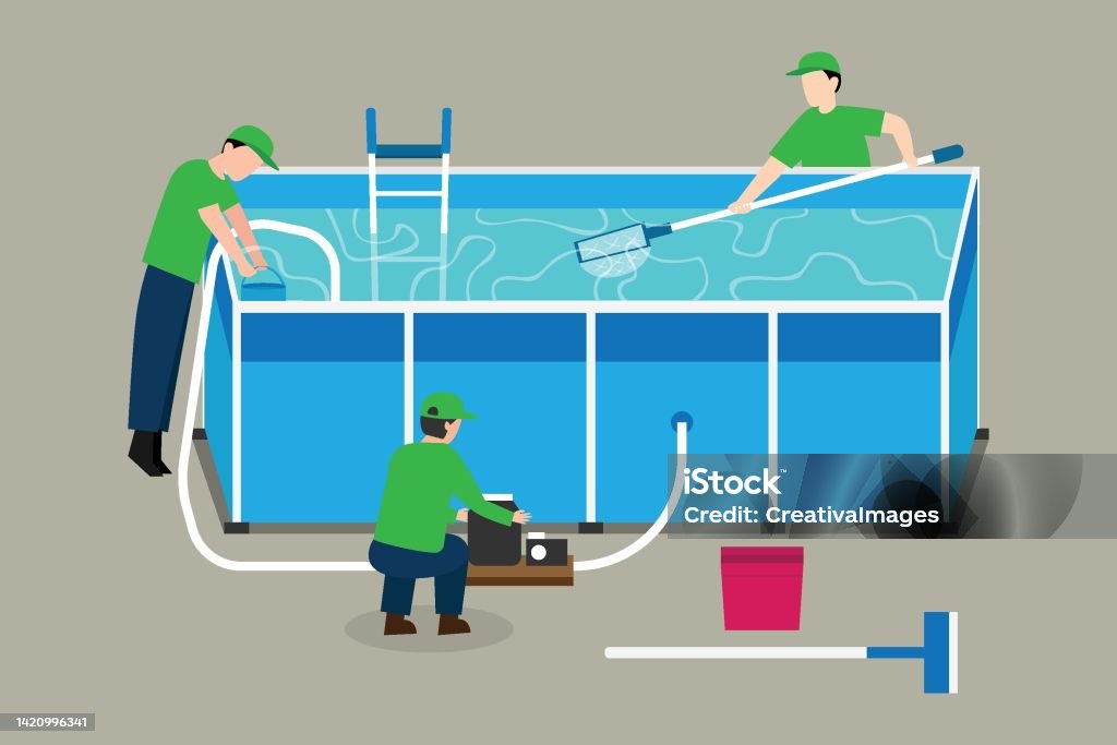 Pool Cleaner Graphics Workers In Uniform Cleaning A Swimming Pool 2d Vector Stock ...