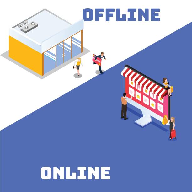 Switching from offline to online shopping isometric 3d Switching from offline to online shopping isometric 3d vector illustration concept for banner, website, illustration, landing page, flyer, etc. offline stock illustrations