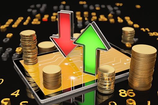Online Trading Concept with Up and Down Arrows Golden Coins and Digital Tablet. 3D Render