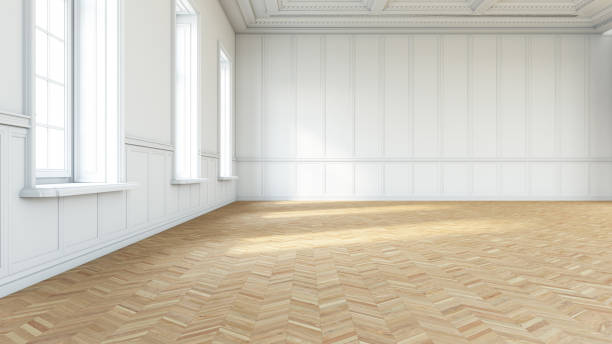 istock Classical Empty Interior with PArquet Floor Windows and Wooden Wall Panels 1420996590