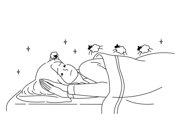 ilustrações, clipart, desenhos animados e ícones de mulher deitada na cama sofre de insônia - dependency caffeine tired women