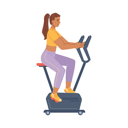 Working out woman on orbitrek doing exercises and leading active lifestyle. Isolated lady keeping fit or losing weight. Flat cartoon character, vector in flat style