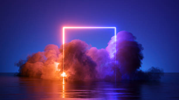 istock 3d render, abstract background. Unique fantasy wallpaper with square geometric shape glowing with neon light, colorful cumulus cloud and water with reflection 1420998128