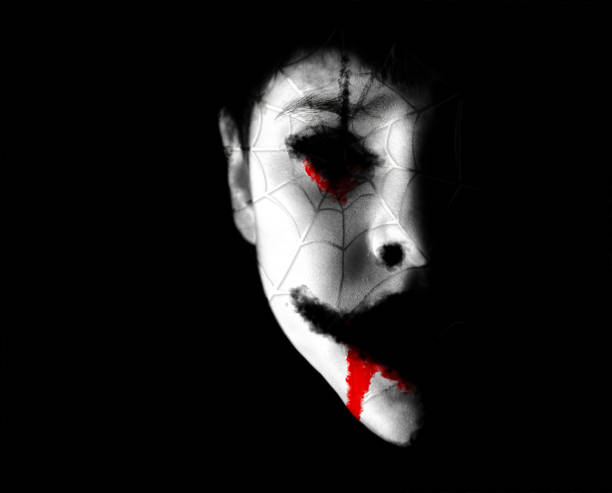 istock One horrifying portrait of a spotlit child, boy with spooky make up and blank hollow ghost like eyes blood flowing through eyes and mouth, spot light over face covered with spider web or cobweb scars over black halloween backgrounds 1420998151