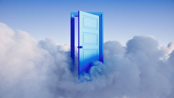 istock 3d render, abstract background, white clouds with blue door opening, opportunity concept 1420998193