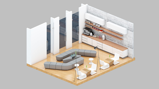 Isometric view of a pantry and waiting area,office space, 3d rendering.