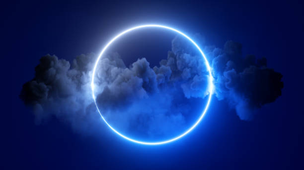 istock 3d rendering, abstract futuristic geometric background with neon ring and stormy cloud over night sky. Round frame with copy space 1420998322