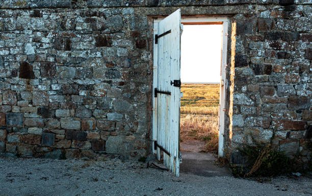 istock Old, dark, stone wall with white, vintage, wooden exit door overlooking bright sunny meadow - landscape. 1420998501