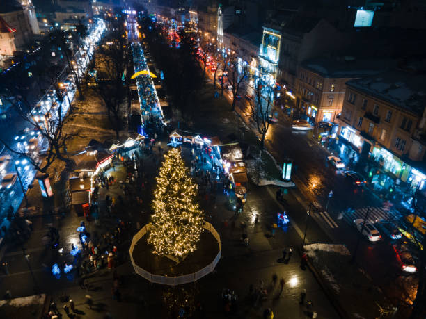 istock overhead view of christmas tree square in Lviv city 1420998564