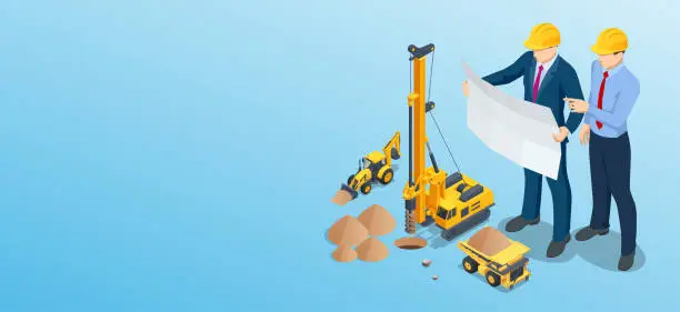 Vector illustration of Isometric Drilling machine, Yellow Tractor with backhoe and loader, Large quarry dump truck and Builders On Building Site Looking At Plan.