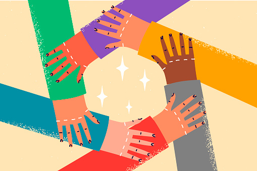 Close-up of diverse people hold hands in circle show friendship and unity. Multiracial friends or colleagues demonstrate togetherness and support. Vector illustration.