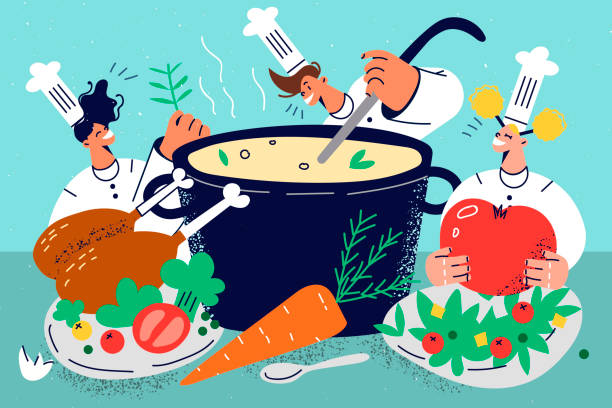 Group of chefs cooking together Group of chefs cooking soup in pan together. Smiling people preparing tasty food together. Cuisine and culinary. Vector illustration. cartoon of rich man stock illustrations