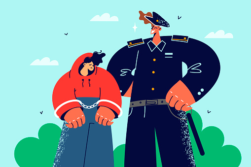 Police officer catch child criminal put in cuffs. Policeman arrest naught ill-behaved teen kid. Juvenile and underage crime. Vector illustration.