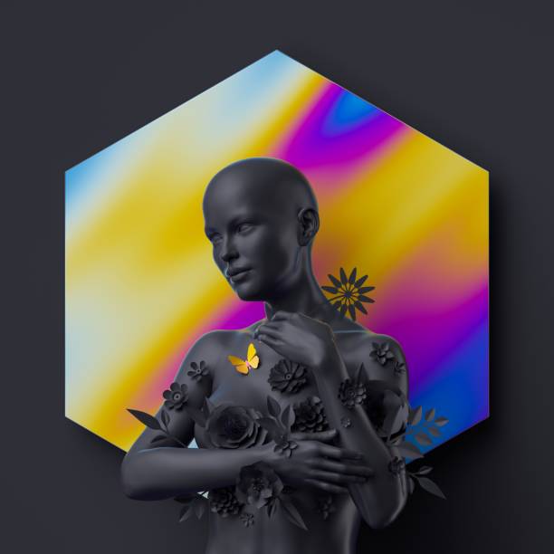 istock 3d render, black bald woman mannequin decorated with paper flowers, hexagonal geometric shape with colorful holographic foil texture. Trendy fashion concept 1420999926