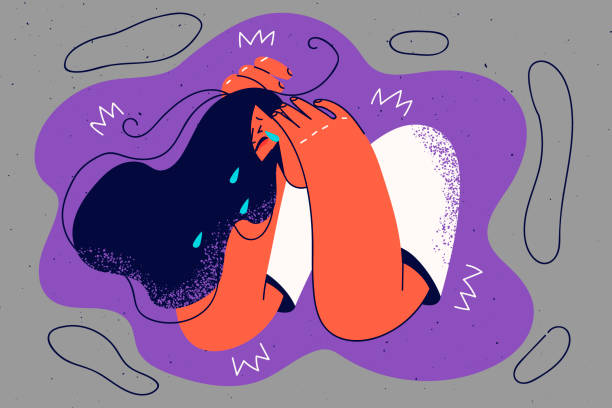 nieszczęśliwa kobieta płacze cierpiąc na depresję - women crying distraught thinking stock illustrations