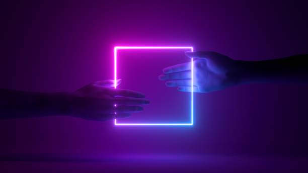 3d render, futuristic geometrical background, two mannequin hands hold pink blue neon square frame, sharing concept stock photo