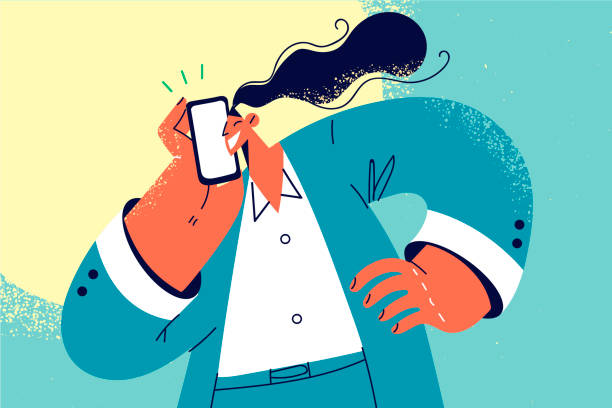 Smiling businesswoman talk on cellphone Smiling businesswoman in formalwear talking on cellphone. Happy female employee have smartphone conversation or call. Vector illustration. cartoon of the mobile phone charger stock illustrations