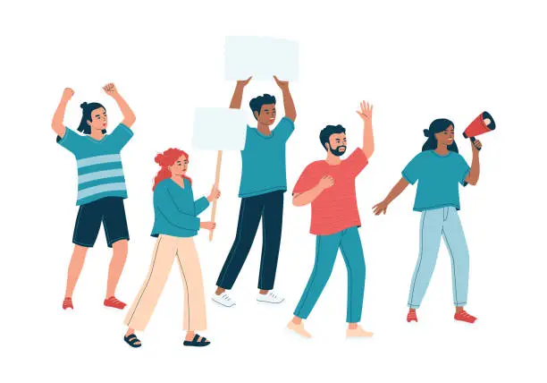 Vector illustration of Diverse people with placard, banner and megaphone on demonstration