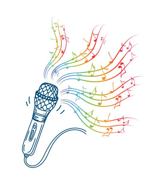 ilustrações de stock, clip art, desenhos animados e ícones de karaoke music icon in doodle style. music. song. microphone with notes vector cartoon illustration on white isolated background. audio equipment concept with bright rainbow melody effect. - musical staff musical note music musical symbol