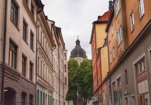 Low angle view of buildings and a church