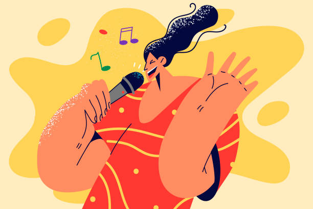 ilustraciones, imágenes clip art, dibujos animados e iconos de stock de mujer sonriente cantando en karaoke - singing singer teenager contest