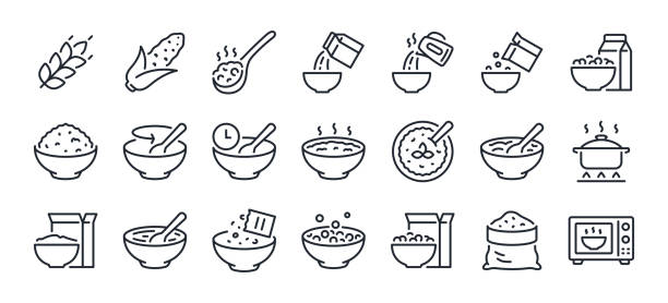 frühstück, haferflocken und getreide editierbare strich umriss symbole isoliert auf weißem hintergrund flache vektorillustration. pixel perfekt. 64 x 64 - oatmeal porridge heat cereal stock-grafiken, -clipart, -cartoons und -symbole