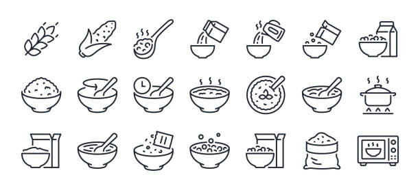 завтрак, овсянка и хлопья редактируемые контурные значки, изолированные на белом фоне плоской векторной иллюстрацией. пиксель идеальный. 64 - oatmeal heat bowl breakfast stock illustrations