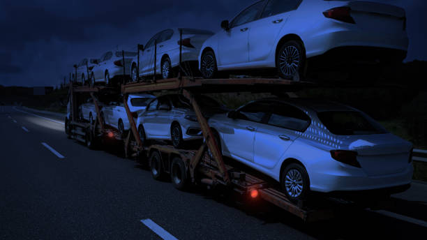 Night Car Transportation Car, Transportation, Truck, Car Transporter, Trucking car hauling stock pictures, royalty-free photos & images